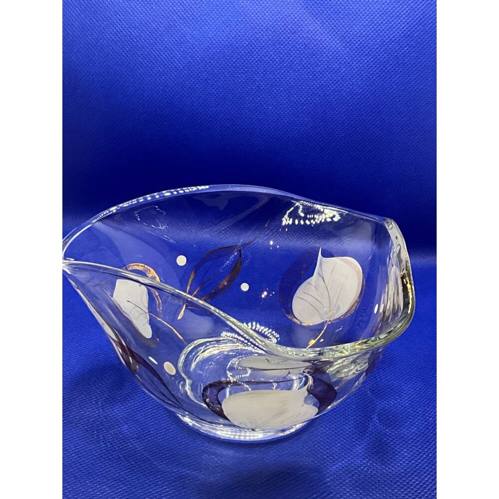 Vintage Hand-Painted Glass Decorative Bowl With Floral & Gold Trim Design
